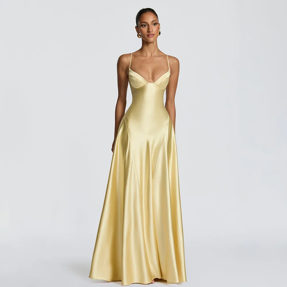 Solid Color Sexy Sleeveless Strap Party Dress in Satin for Banquet