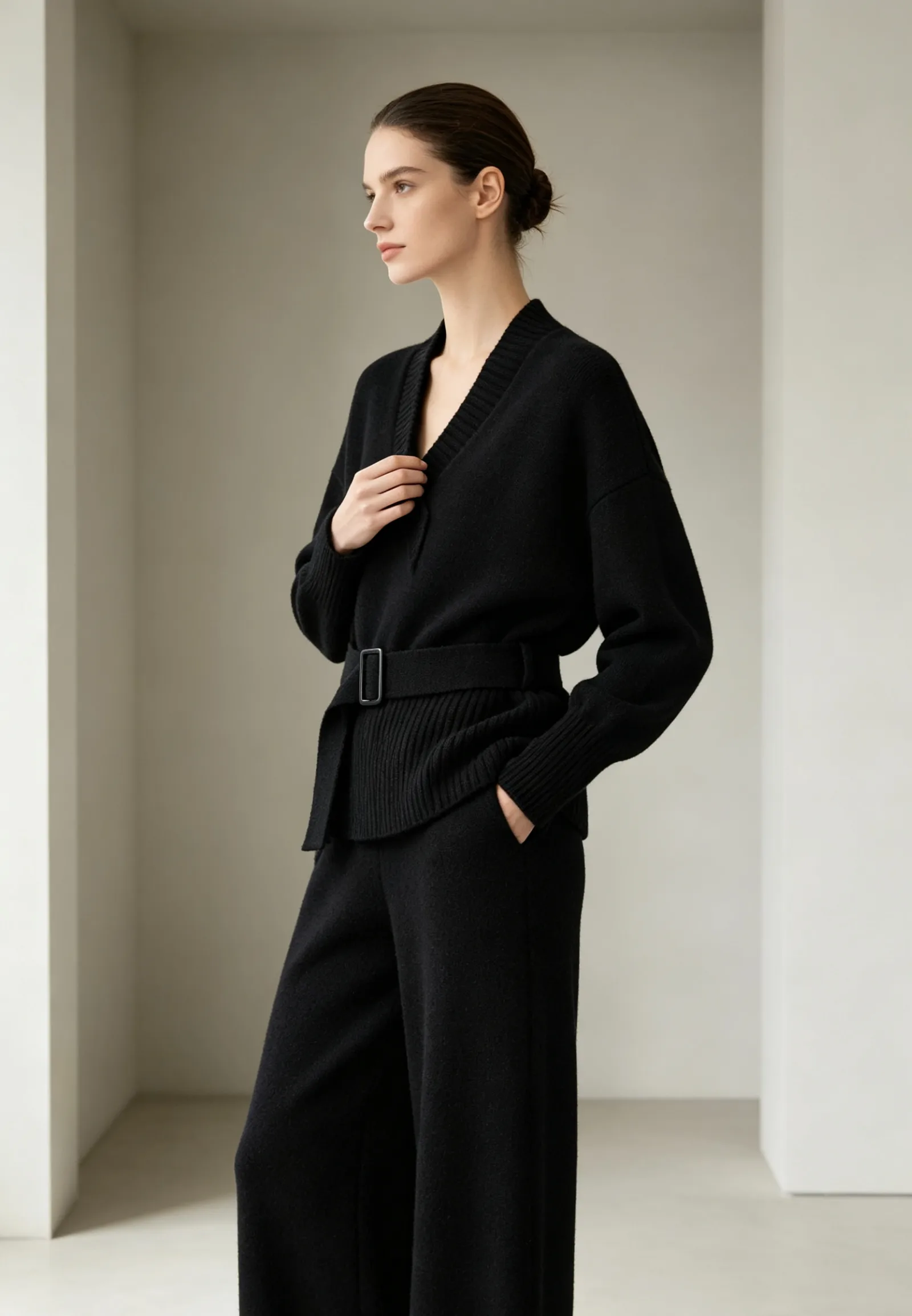 Streetwear Pant Co-ord Set in Knit Fabric with Belt, featuring V Neck and Long Sleeve, Full Length Pants with Stretchy Fit