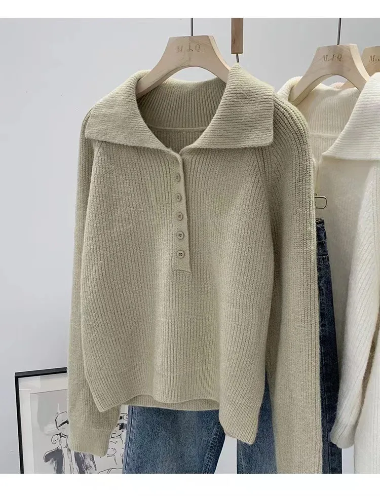 Loose Solid Color Long Sleeve Polyester Women's Pullover Sweater with Button Detail