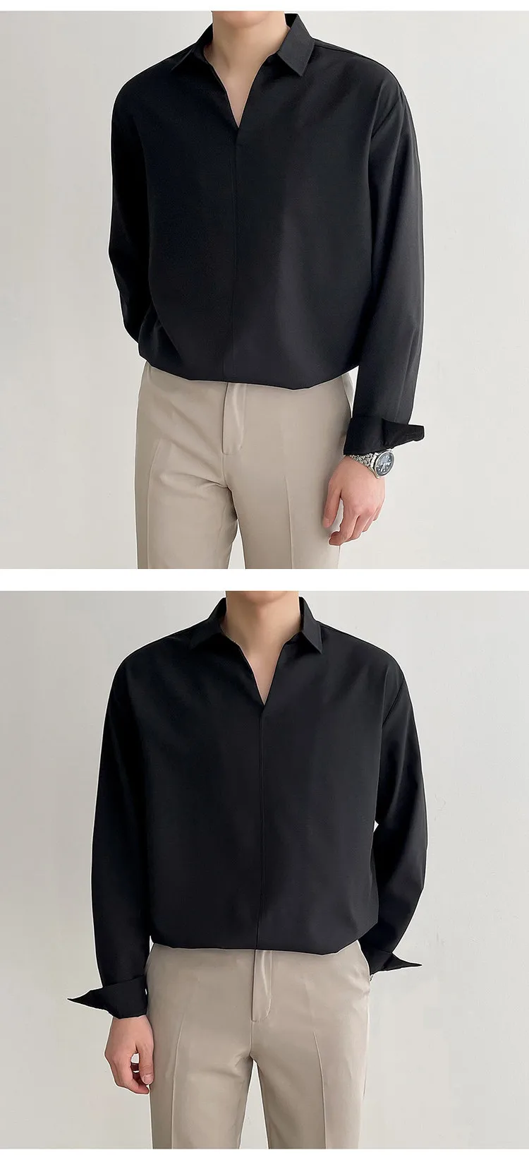 Solid Color Long Sleeve Men's Shirt in 4-Way Stretch Fabric with V Neck Pullover Design for Autumn