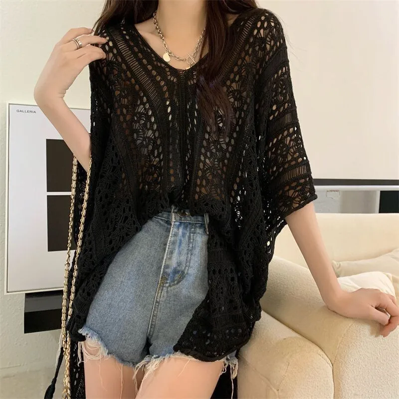 Loose V Neck Batwing Sleeve Solid Color Pullover Sweater for Women