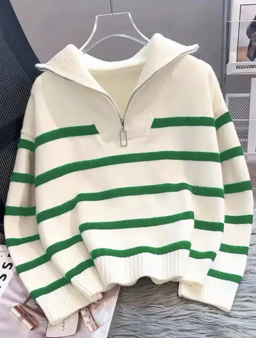 Striped Plaid Long Sleeve Acrylic Pullover Sweater with Zipper