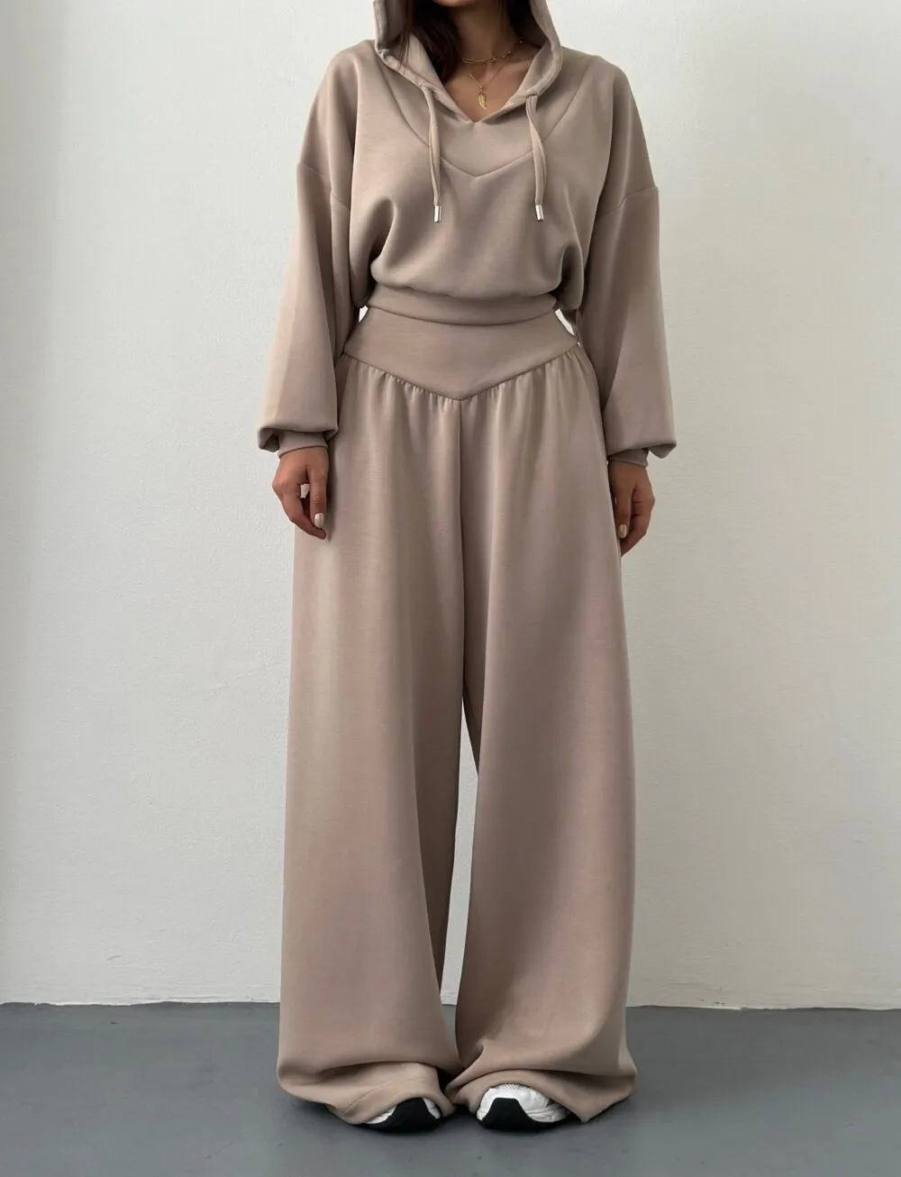 Solid Color Pant Co-ord Set, Casual Style, Cotton Polyester, V Neck, Long Sleeve, 2 Pieces