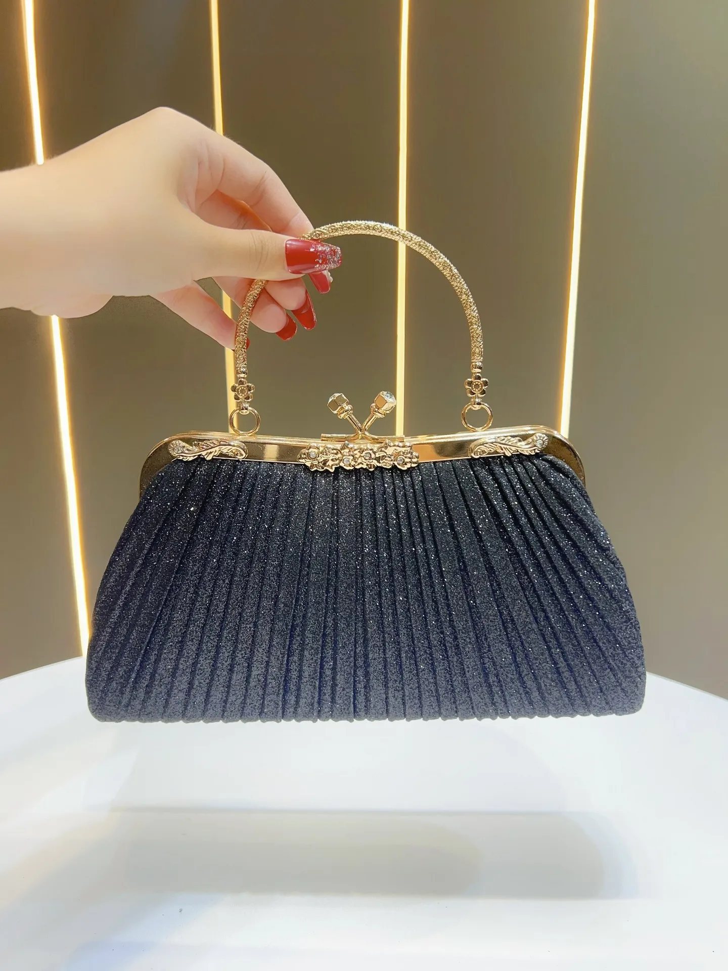 Square Ruched Polyester Evening Bag with Chain for Women