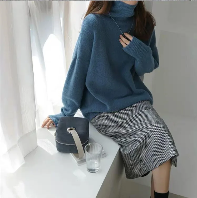 Loose Turtleneck Long Sleeve Solid Color Acrylic Sweater for Women