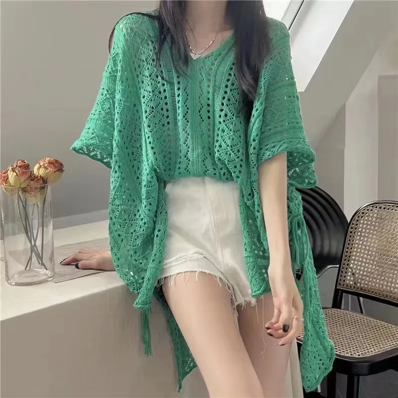 Loose V Neck Batwing Sleeve Solid Color Pullover Sweater for Women