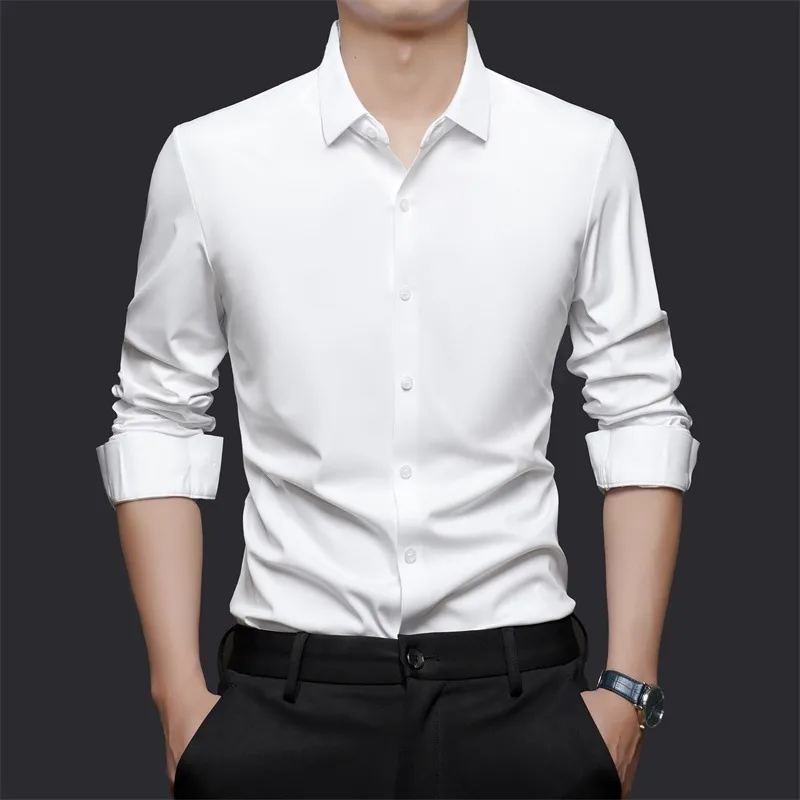Solid Color Business Long Sleeve Blouse for Men in 4-Way Stretch Fabric, Summer Shirt