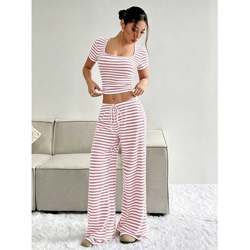 Women’s Casual Stripe Milk Fiber Pajamas with Printing and Dyeing, Perfect for Spring