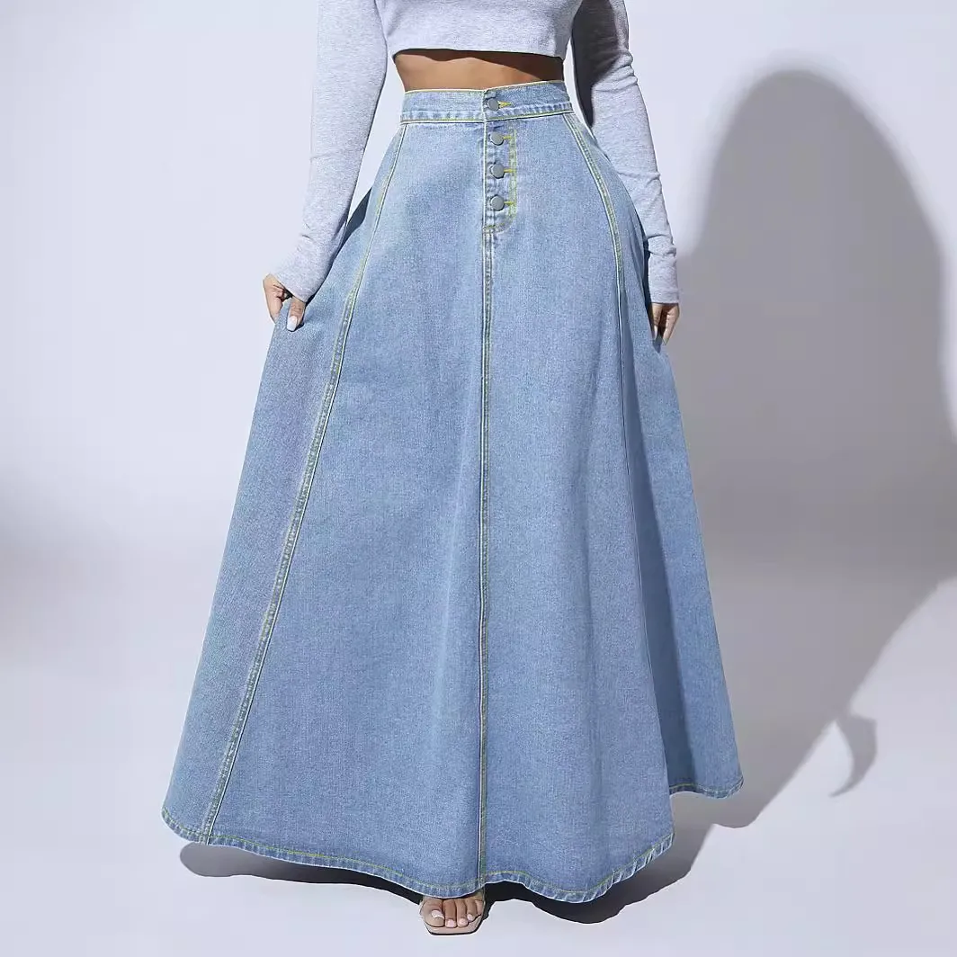 Vintage Style Solid Color Denim Cotton A-Line Skirt with Front Button in Regular Fit for Spring