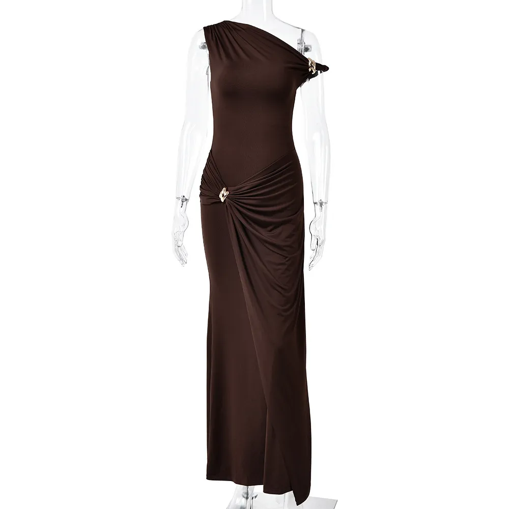 Solid Color Sexy Sleeveless Party Dress with Oblique Collar in Polyester for Banquet