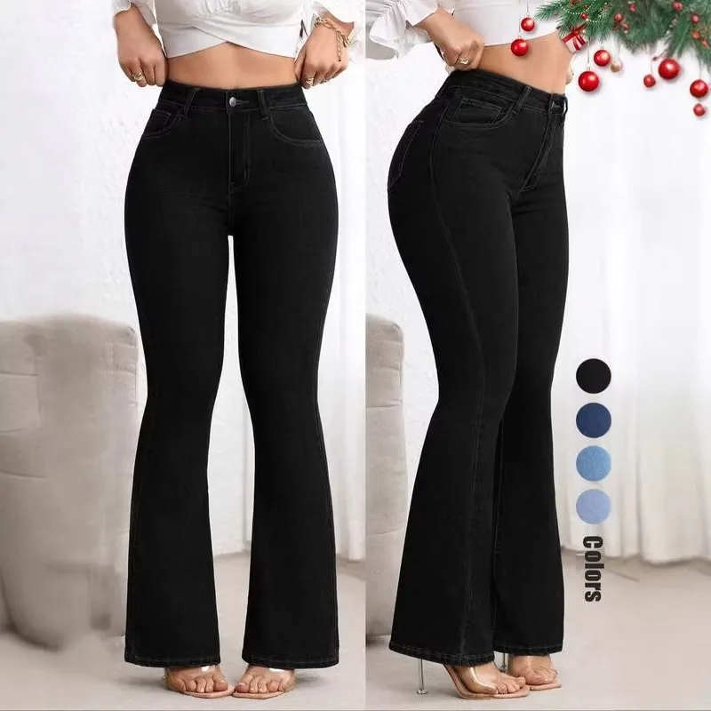 Casual Full Length Flared Pants for Women in Slim Fit Denim Cotton with Washed Craftsmanship