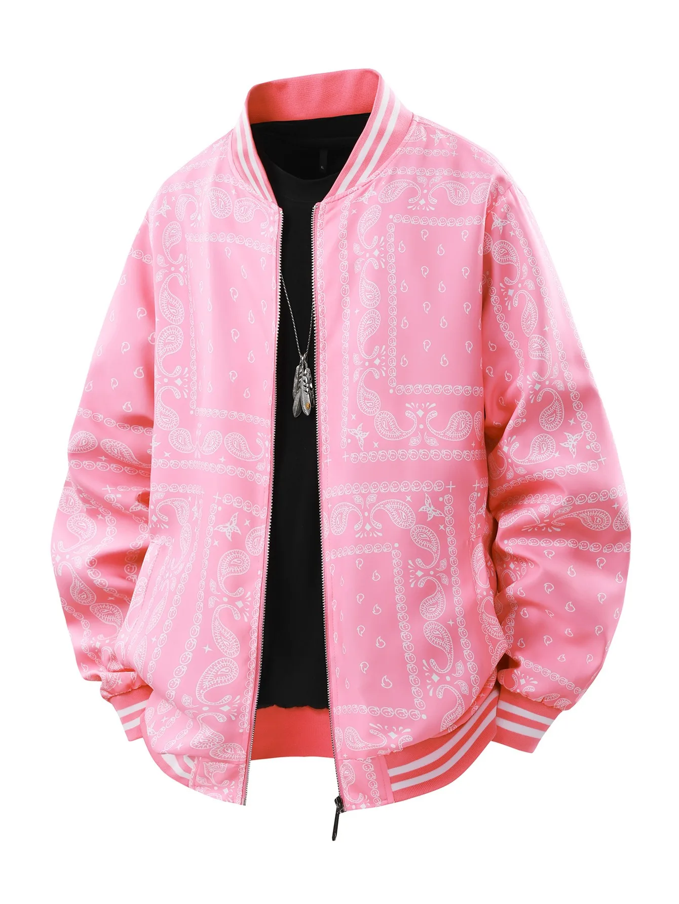 Men's Jacket with Zipper Placket Featuring Printing Pattern in Natural Pink