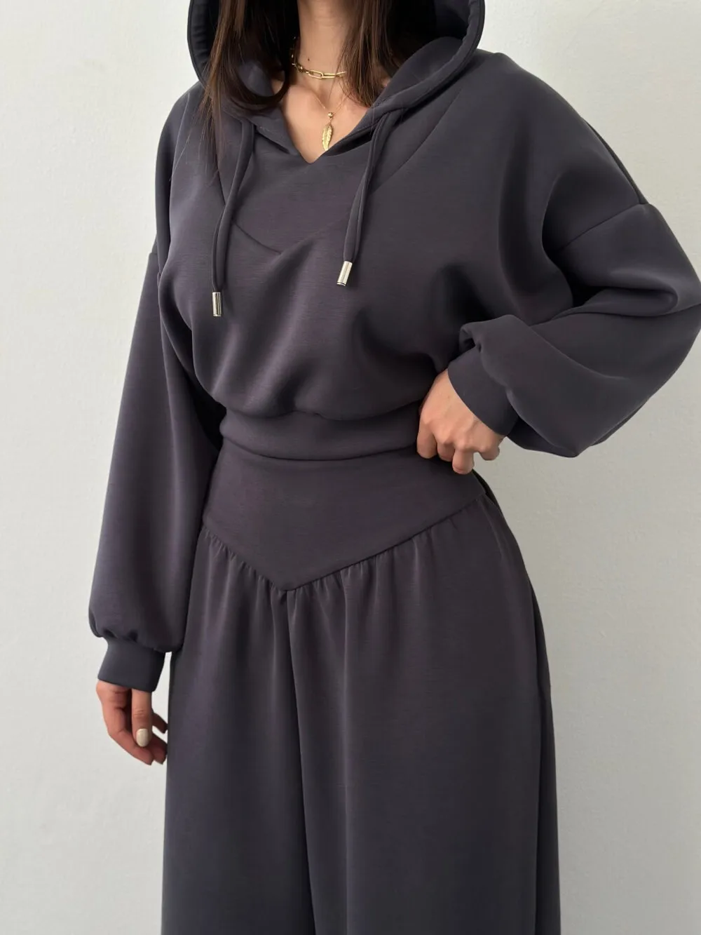 Solid Color Pant Co-ord Set, Casual Style, Cotton Polyester, V Neck, Long Sleeve, 2 Pieces