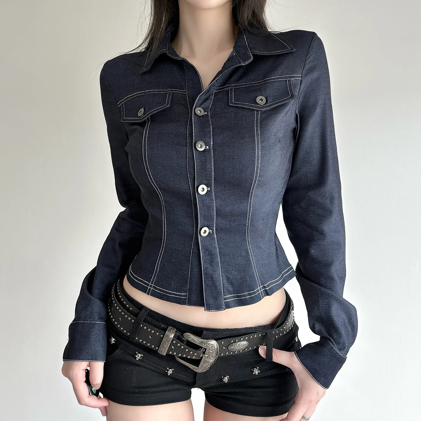 Streetwear Women's Shirt in Polyester Fabric Featuring Buckle Detail