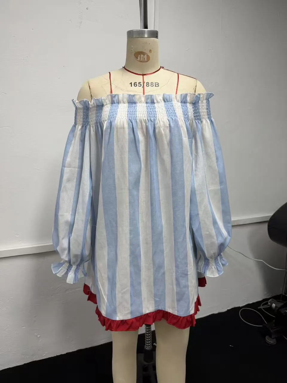 Stripe Off Shoulder Long Sleeve Vacation Dress in Polyester Fabric, Above Knee Length Regular Dress