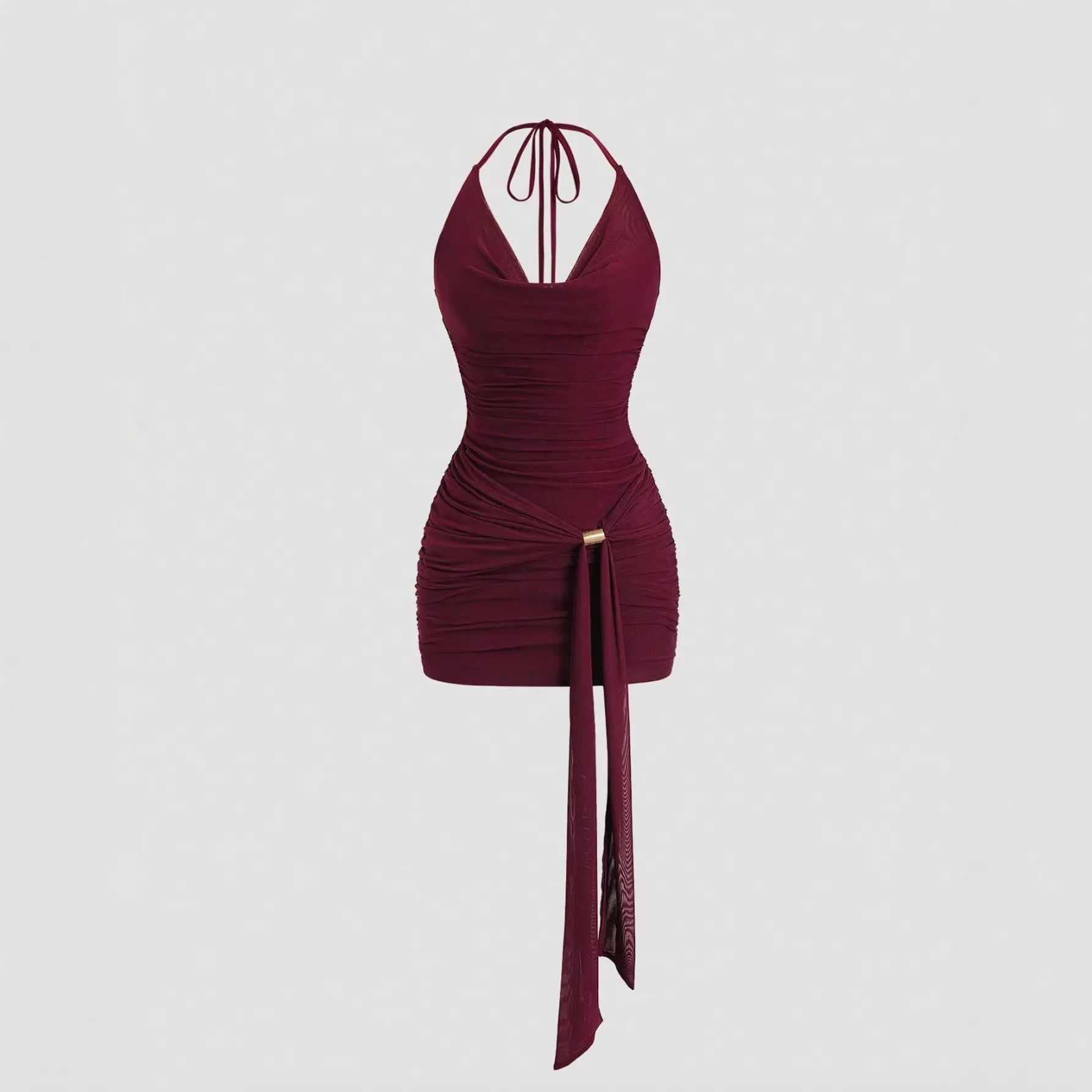 Solid Color Sexy Sleeveless Mesh Dress with Halter Neck in Polyester for Banquet