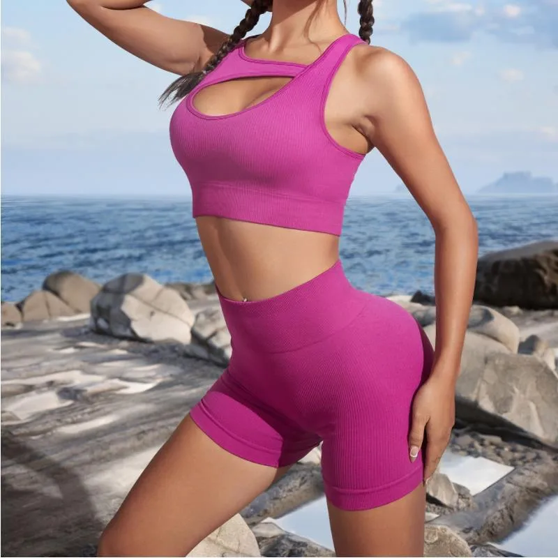 Solid Color Women's Nylon Yoga Set with Knitted Craft, Featuring Shorts and Vest in Pullover Style