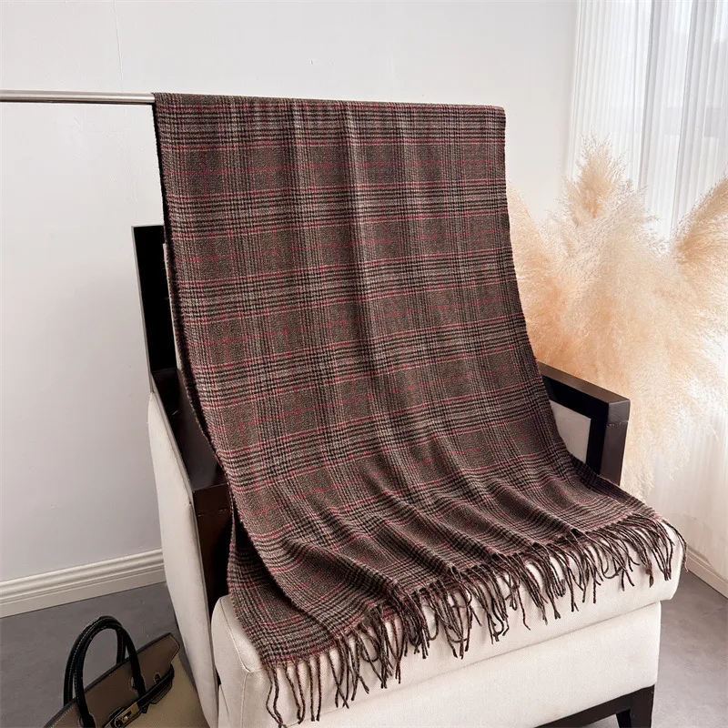 Unisex Plaid Shawl Scarf in Dark Coffee Polyester, Perfect for Autumn and Winter