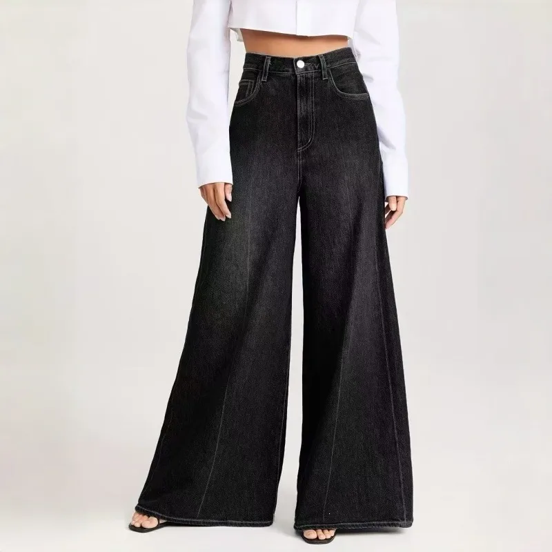 Streetwear Wide Leg Full Length Pants for Women in Loose Fit with High Waist, Made of Stretchy Denim Cotton