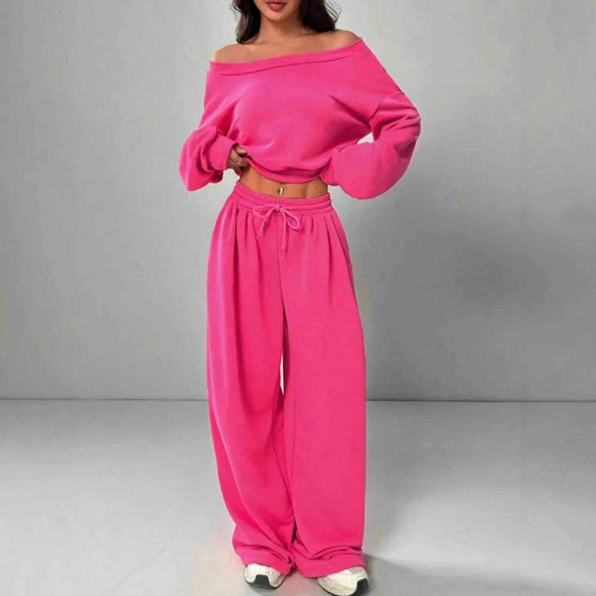 Casual Trousers Sweater Set with Oblique Collar and Long Sleeve, Full Length Pants Co-ord Set in Polyester