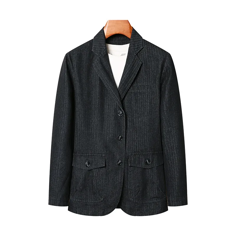 Men's Solid Color Dark Blue Chinoiserie Blazer with Single Breasted Placket, Made from Cotton Over 50%