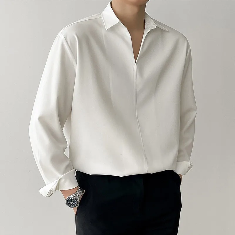 Solid Color Long Sleeve Men's Shirt in 4-Way Stretch Fabric with V Neck Pullover Design for Autumn