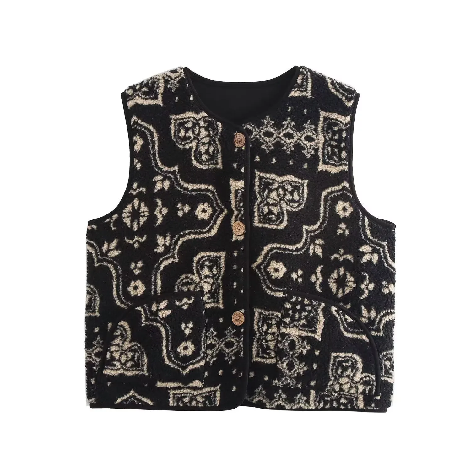 Women's Polyester Streetwear Vest with Shearling, Sleeveless Design Featuring Round Neck and Single Breasted Closure with Printing