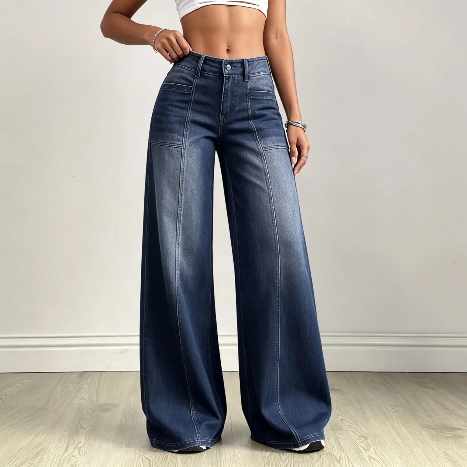 Solid Color Wide Leg Full Length Denim Cotton Pants for Streetwear with Patchwork Design