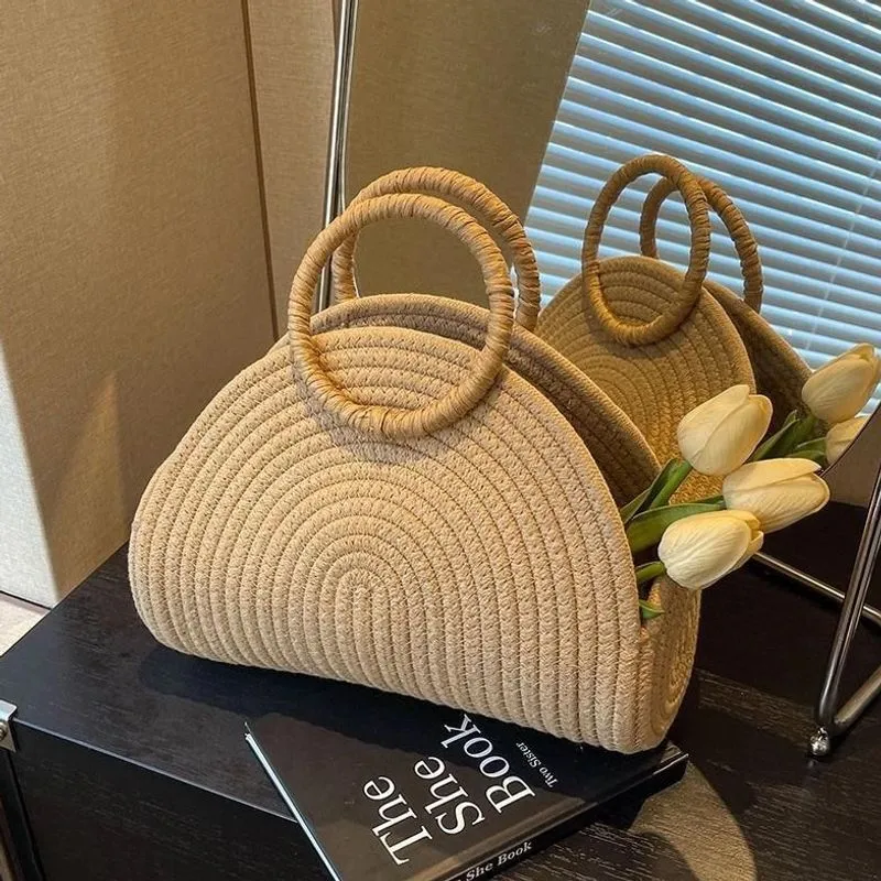 Women’s Straw Pillow Shape Handbag with Braid Detail and Ring Handle, Large Capacity