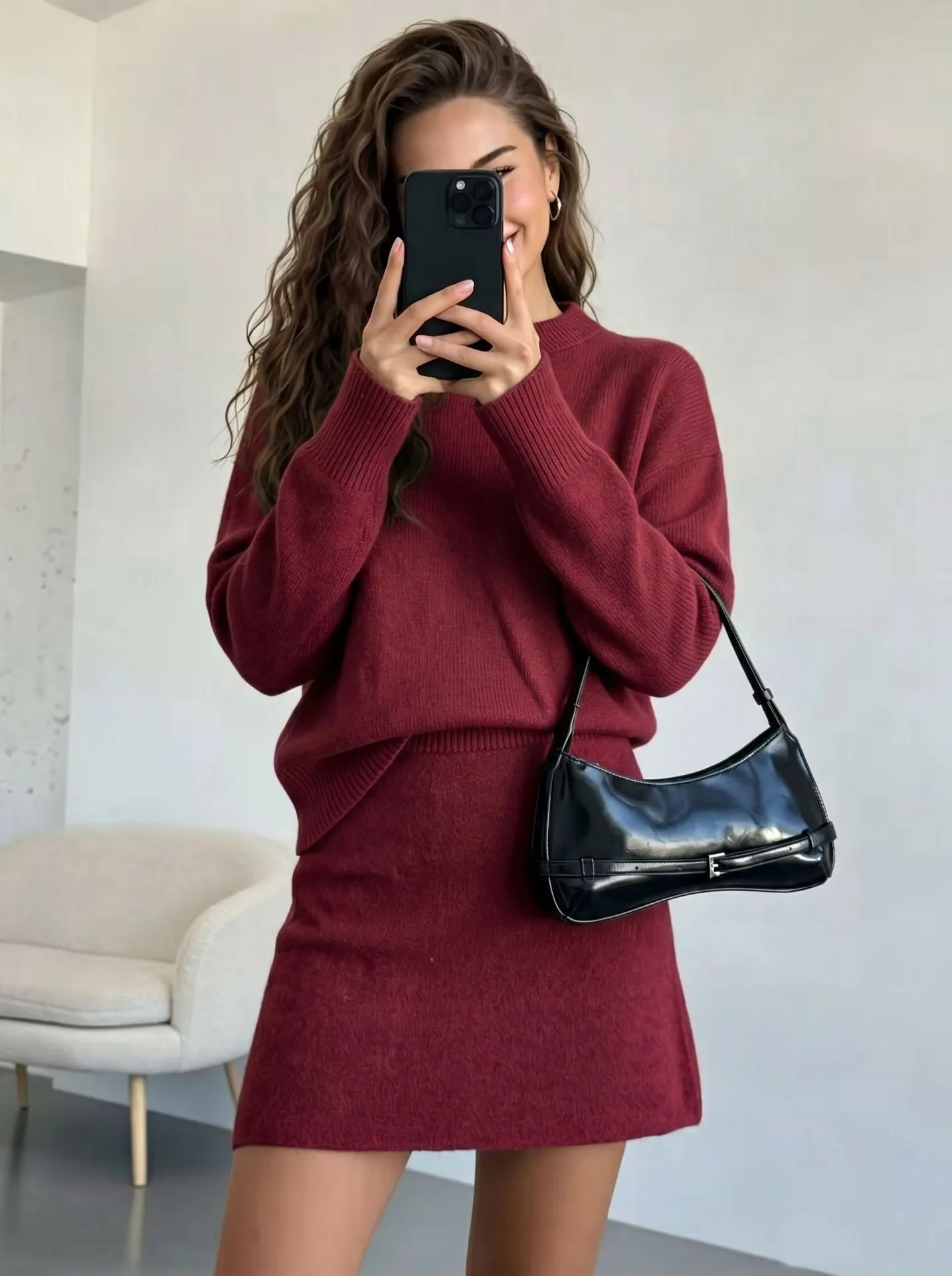 Elegant Solid Color Skirt Co-ord Set in Knitted Acrylic with Long Sleeve, 2 Pieces Set