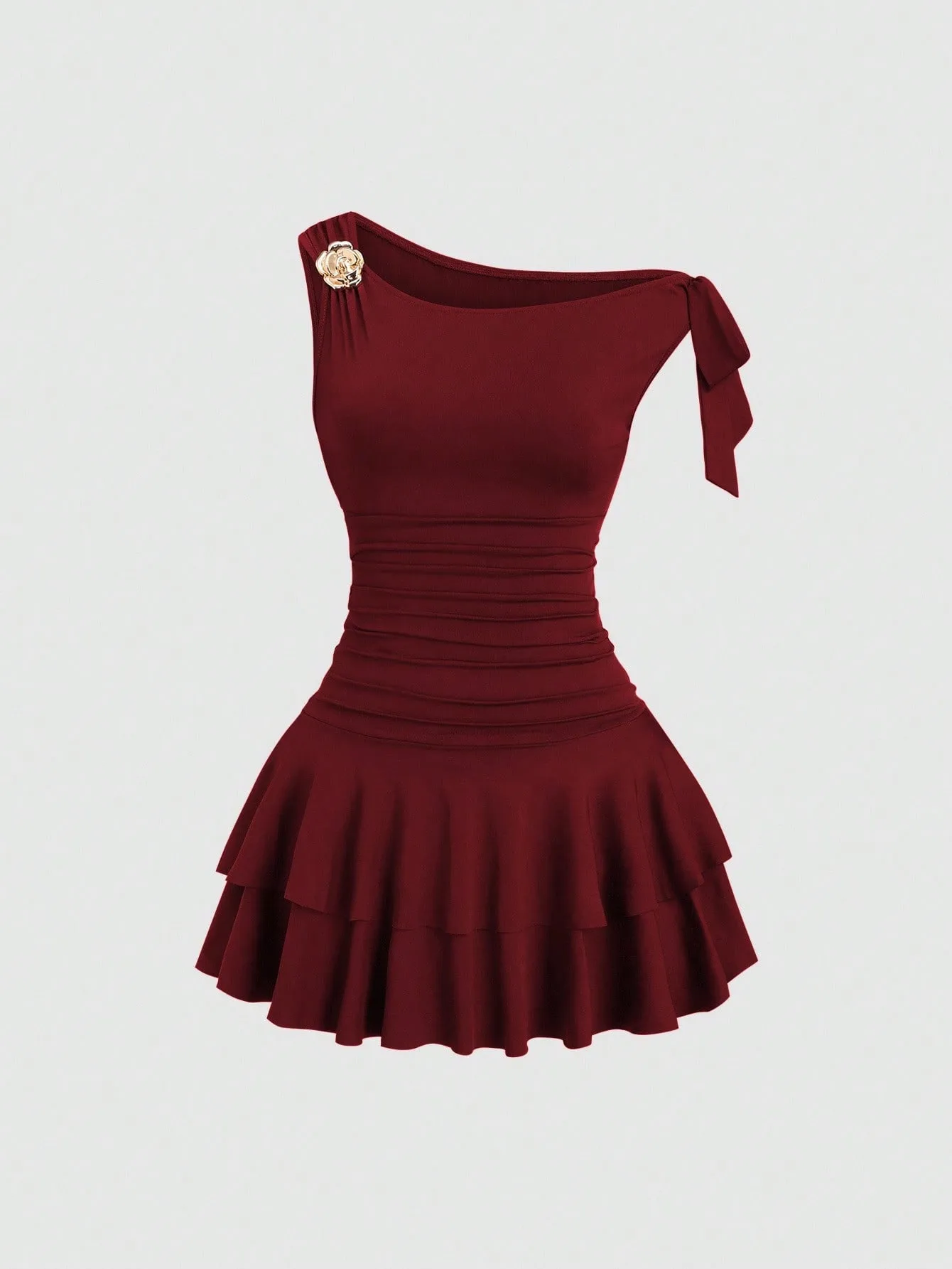 Solid Color Sleeveless Sheath Dress with Oblique Collar in Polyester Fabric, Above Knee Length, Featuring Backless Design