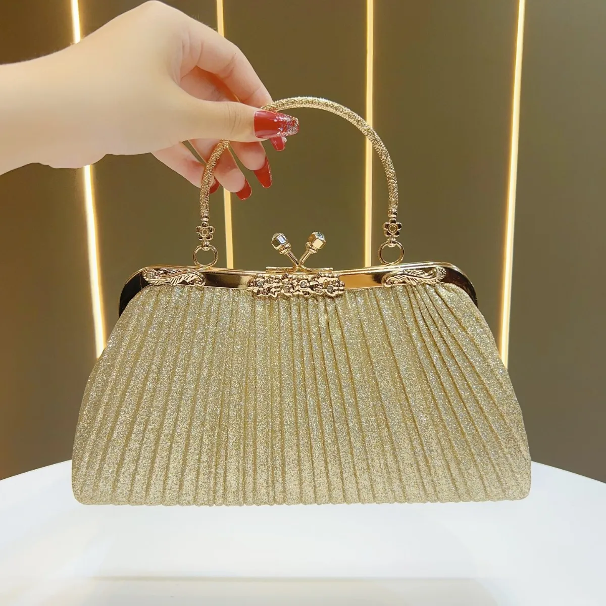 Square Ruched Polyester Evening Bag with Chain for Women