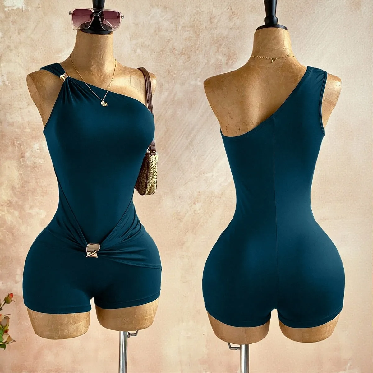 Sexy Solid Color Rompers Shorts for Party in Polyester Fabric with Knitted Craft for Women