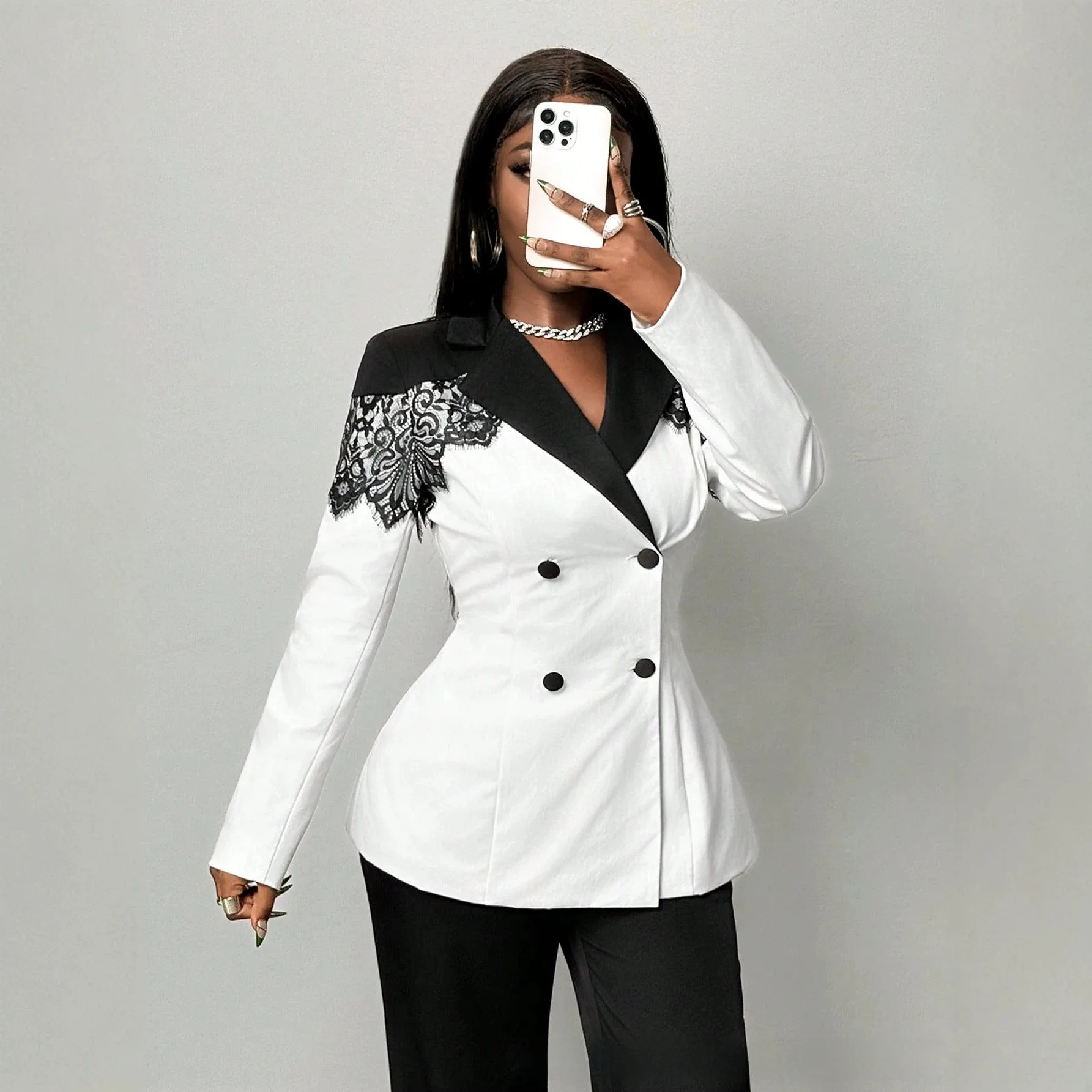 Elegant Solid Color Long Sleeve Polyester Blazer with Lace Craft and Single Breasted Closure