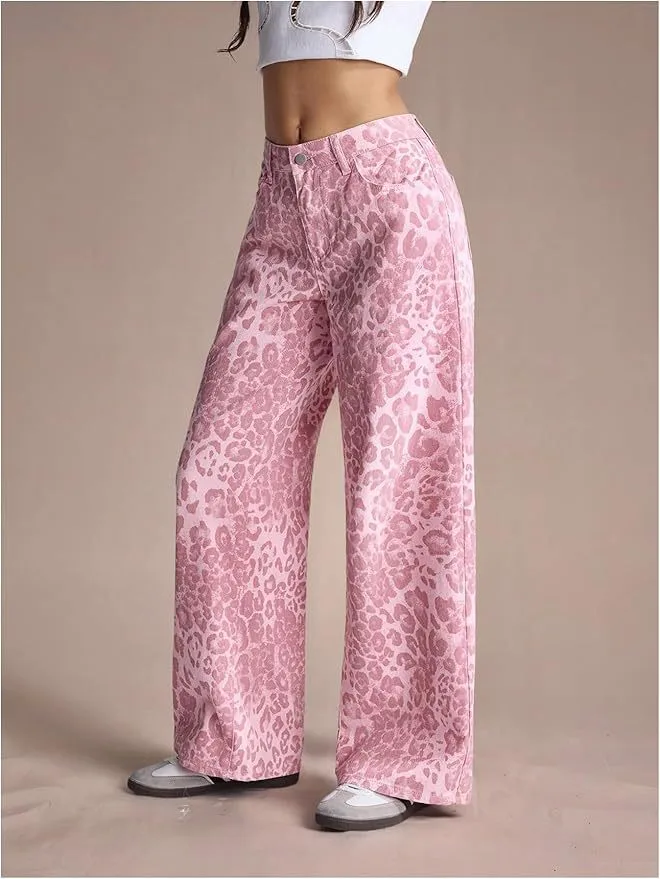 Leopard Print Straight Full Length Cowboy Style Pants for Women in Casual Wear, Made with Over 70% Cotton Fabric