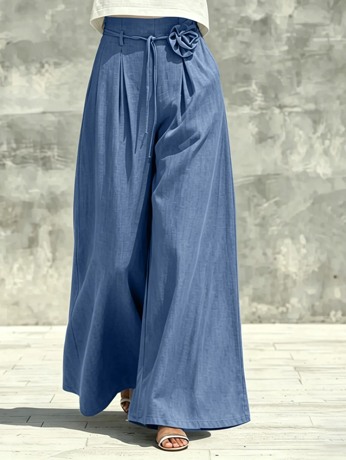 Vacation Wide Leg Pants with Floral Pattern, Full Length Holiday Casual Pants in Polyester Fabric Featuring Elegant Folds