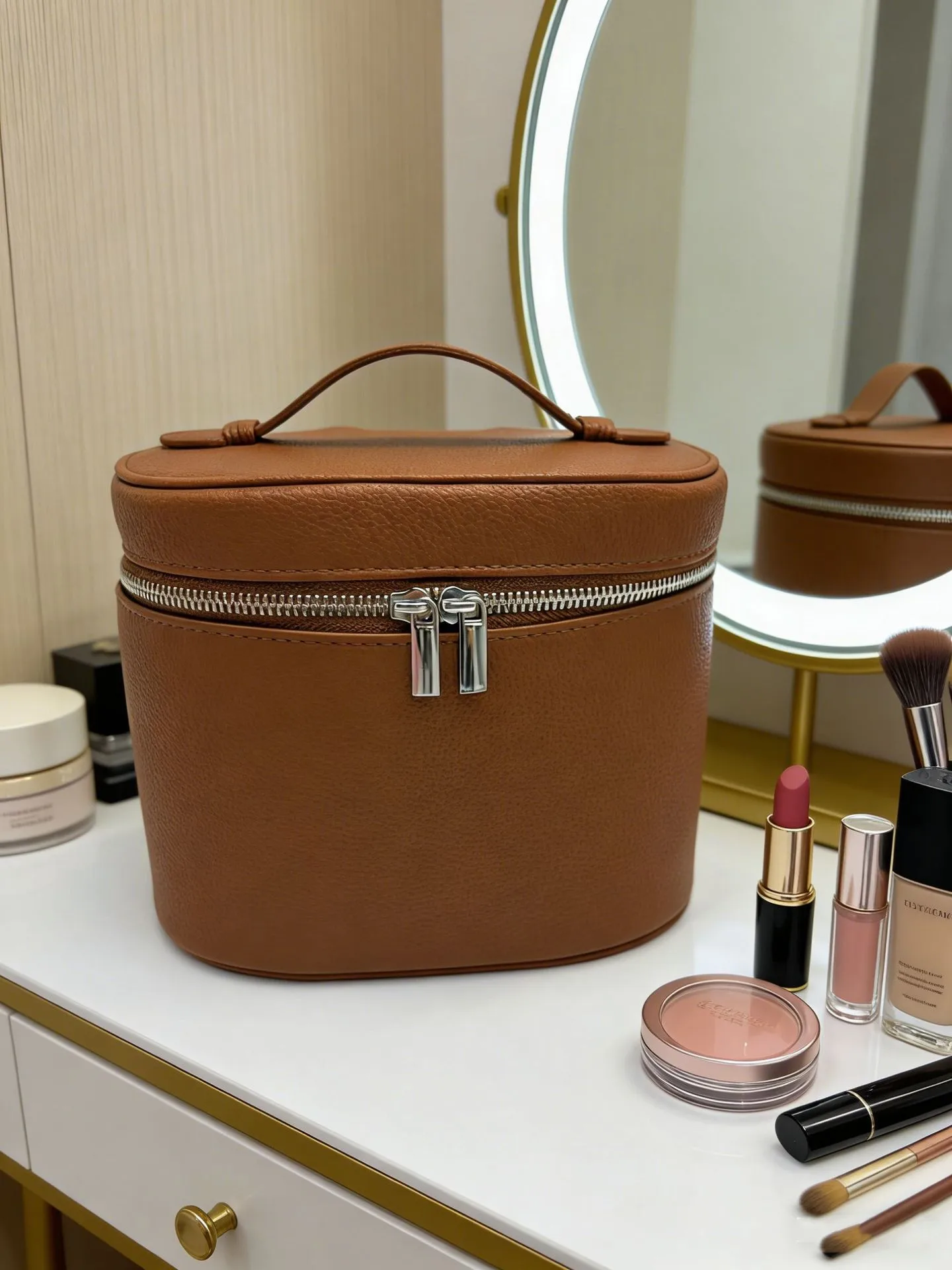 Solid Color PU Leather Cosmetic Bag for Women with Top Handle, Waterproof Design