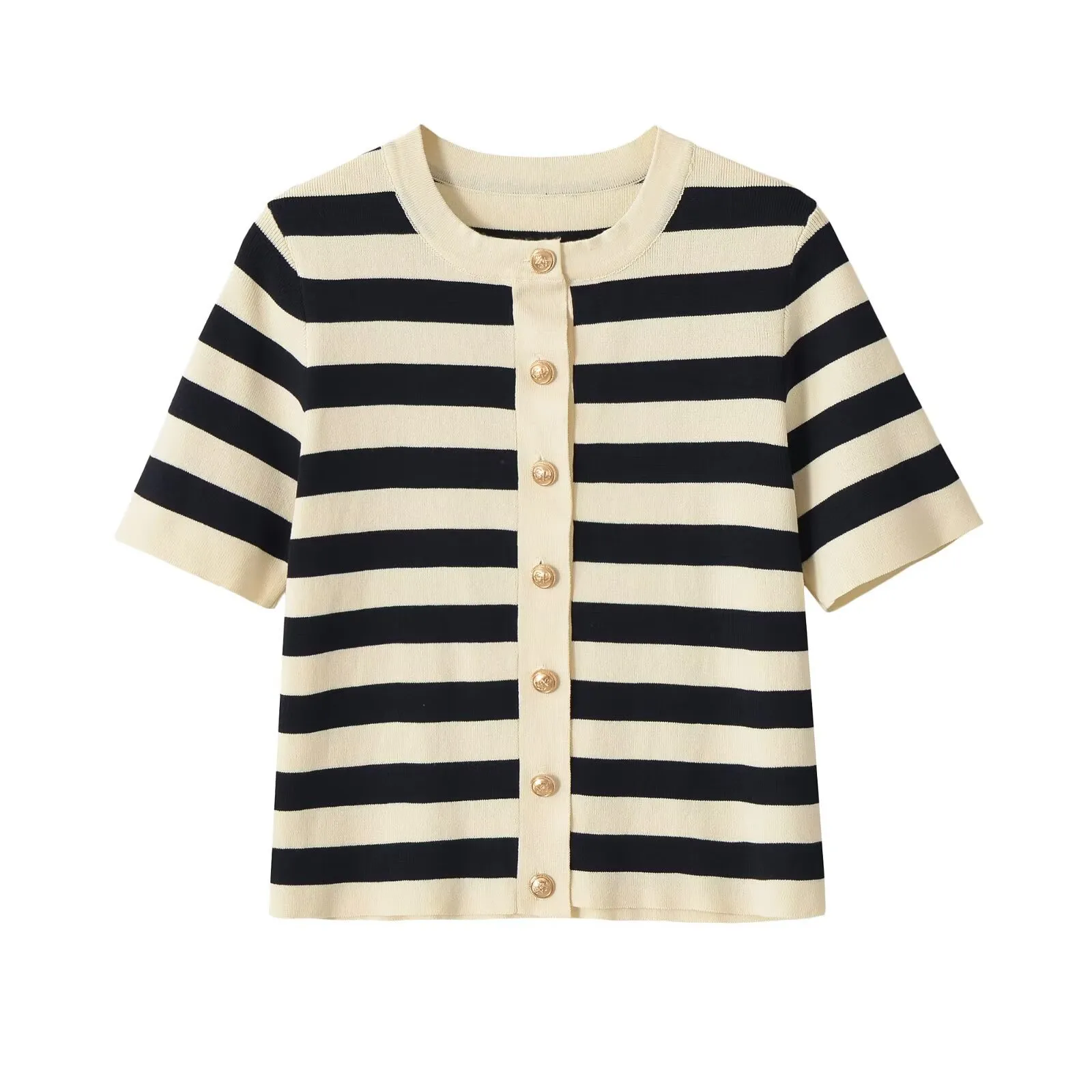 Casual Stripe Knit Short Sleeve Top for Women with Knitted Fabric and Placket Detail