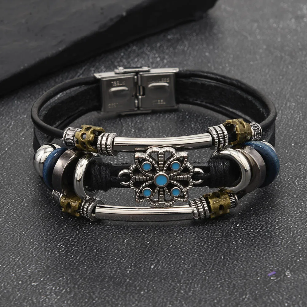 New Retro Ethnic Turquoise Lace Multi-layer Leather Stainless Steel Bracelet for Men and Women Couple Bracelet