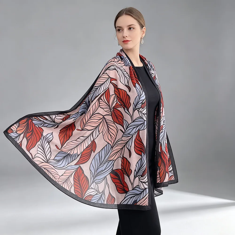 Women’s Rayon Leaf Pattern Scarf in Red, Perfect for Spring Season