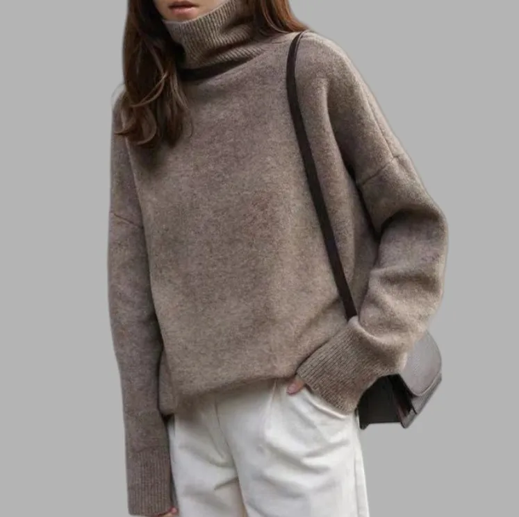Loose Turtleneck Long Sleeve Solid Color Acrylic Sweater for Women