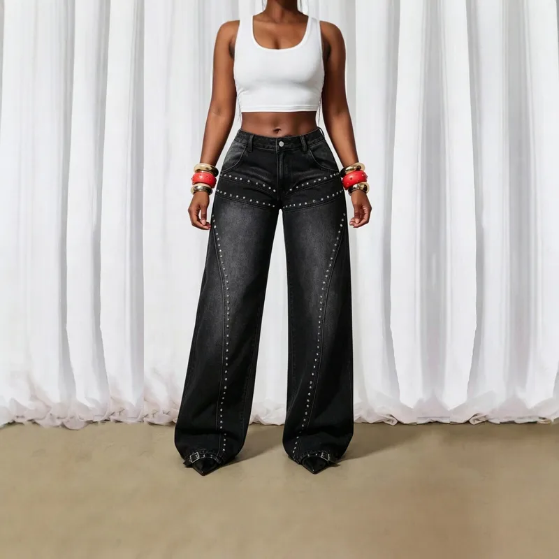 Retro Full Length Jeans for Women in Loose Fit with High Waist, Made of Denim Cotton, Inelastic