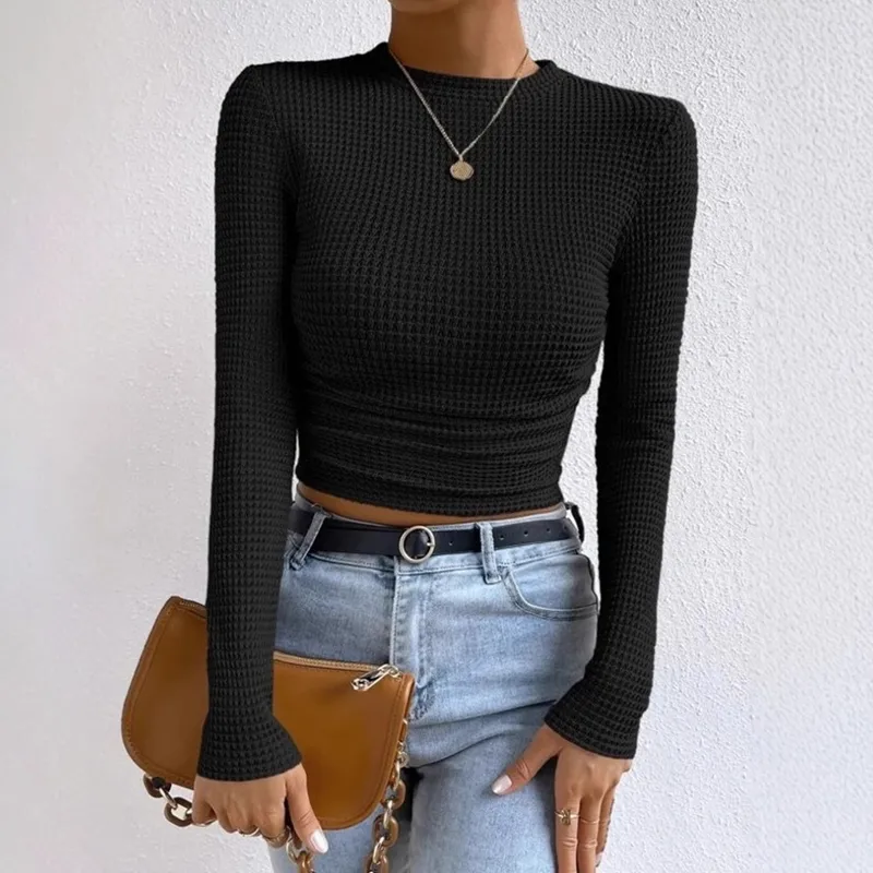 Plaid Long Sleeve Streetwear Pullover T-shirt for Women in Polyester with Round Neck