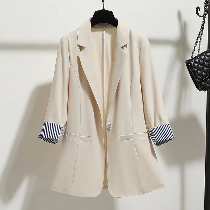 Solid Color Slim Fit Women's 3/4 Sleeve Blazer with Three-Dimensional Decor