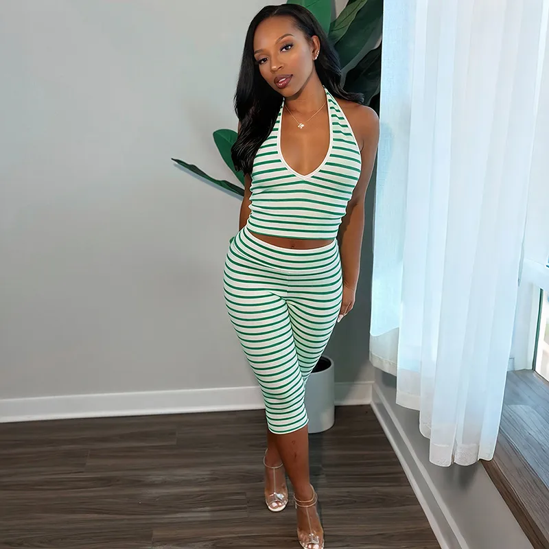 Stripe Vest and Pant Co-ord Set in Milk Fiber featuring Sexy Style with Printing, Skinny Fit and Calf-Length Pants
