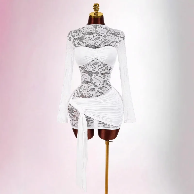 Solid Color Sexy Lace Dress with Long Sleeve and Round Neck, Casual White Dress