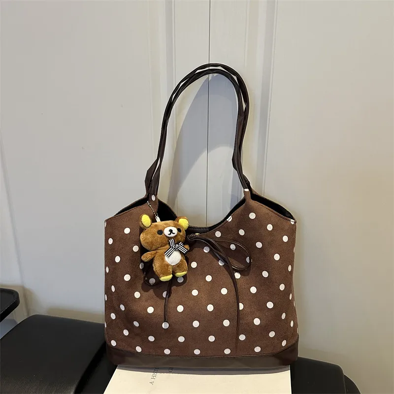Women’s Suede Polka Dots Tote Bag with Sewing Thread Detail, Single Shoulder Strap, Perfect for Autumn