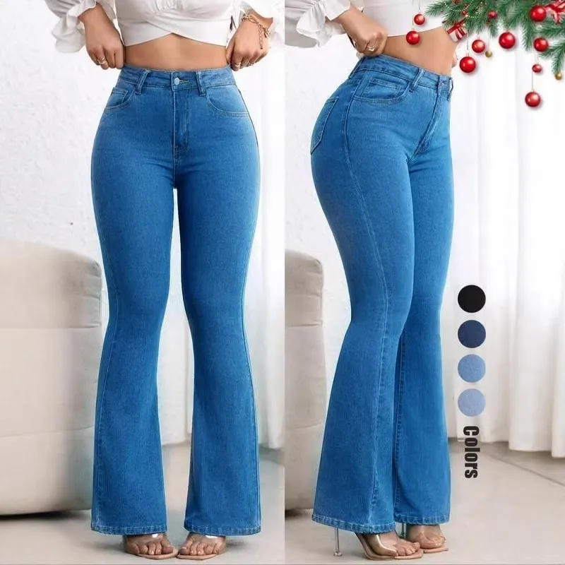Casual Full Length Flared Pants for Women in Slim Fit Denim Cotton with Washed Craftsmanship