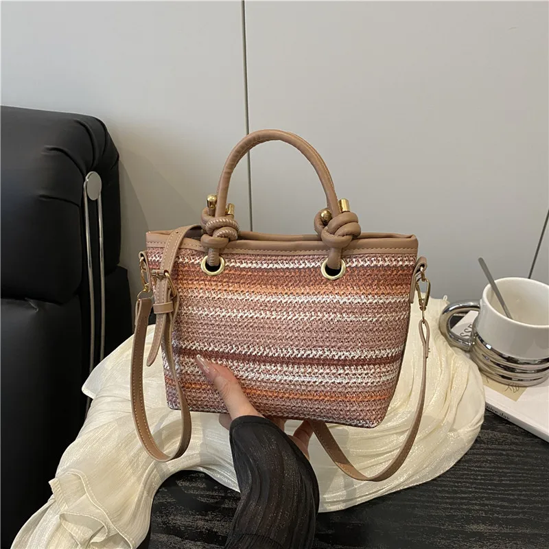Small Straw Bucket Bag with Zipper and Braid Detail
