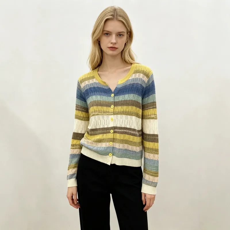 Color Block Long Sleeve Simple Style Viscose Knitwear for Women with Hollow Out Craft and Placket